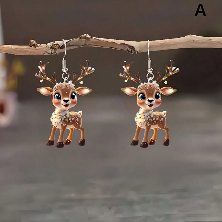 

A pair of 2D flat earrings, charming Christmas cartoon earrings, cute acrylic pendants, gingerbread and animal patterns, holiday decorations. різнокольоровий
