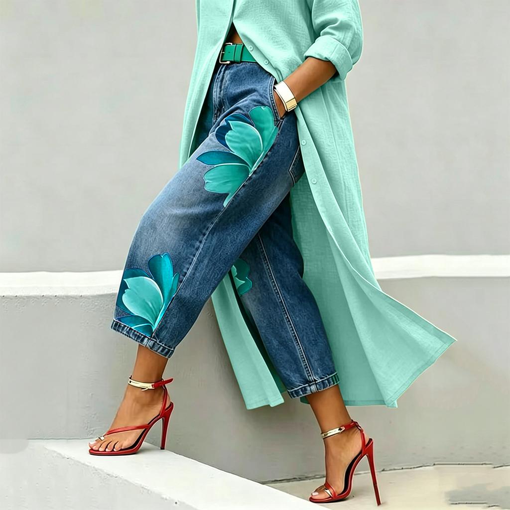 Women’s Denim Wide Leg Pants with Floral Print High Waist Casual Loose Fit Trousers for Everyday Wear Street Style