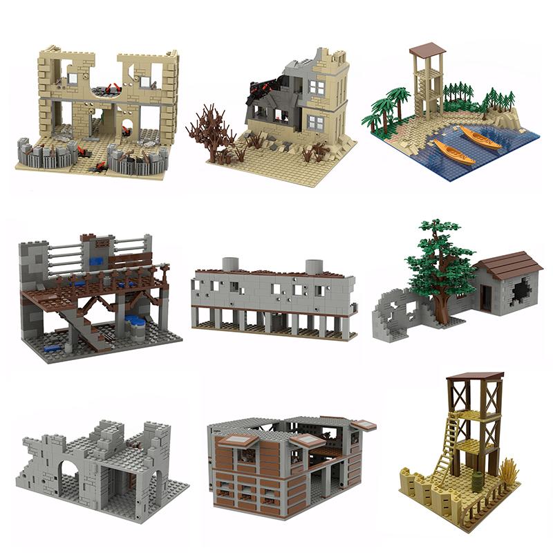 MOC Parts Military Battlefield WW2 Ruins Weapons Fortress Blockhouse Model Building Blocks Army Architecture Bricks Toy Kid Gift