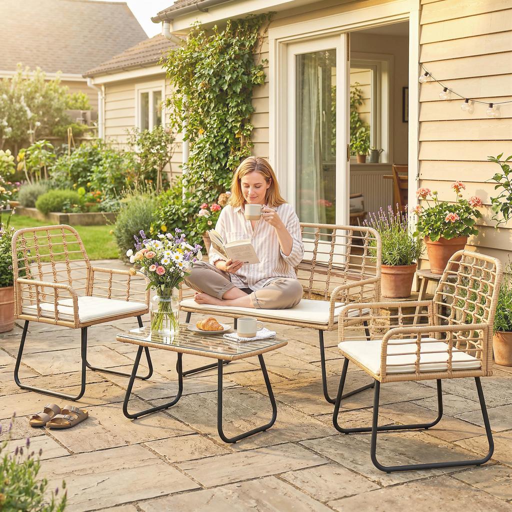 4 Piece Rattan Garden Furniture Set, Outdoor Patio Furniture with Loveseat, Armchairs and Coffee Table