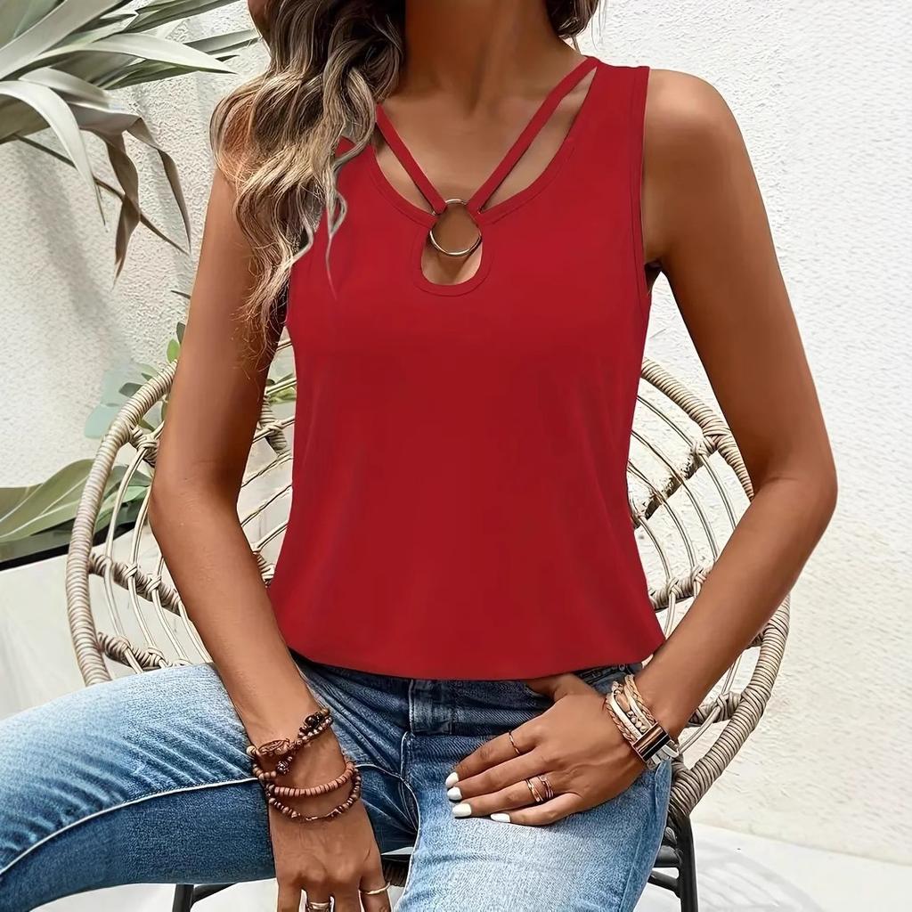 Metal Buckle Cross Design Top, Solid Color Sexy Camisole Vest Women’s T-Shirts