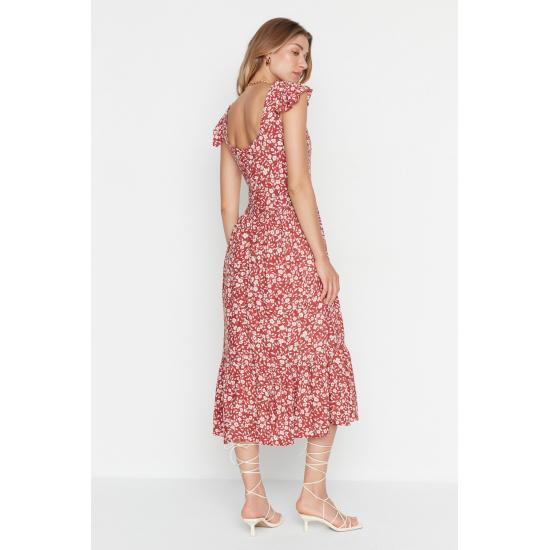 Rochie midi cu modele florale cu mâneci mini cu guler pătrat