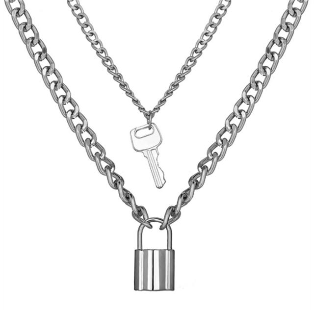 Gothnic Key Lock Pendant Sweater Chain Necklace For Women Girls Gold Silver Color Chunky Choker Necklaces Boho Jewelry Gift