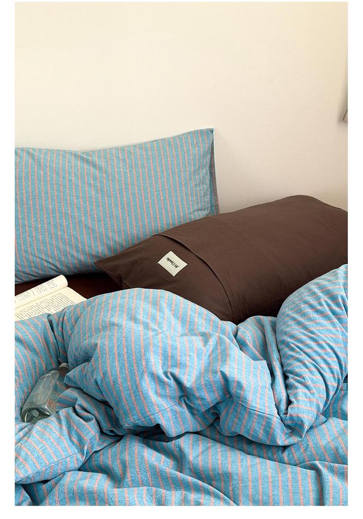 Literary Wabi-sabi Cotton Striped Bedding Set - Three-Piece Dormitory Duvet Cover with Fitted Sheet
