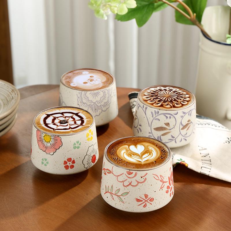 Retro Hand-Painted Ceramic Coffee Cup & Saucer Set with Latte Art Design