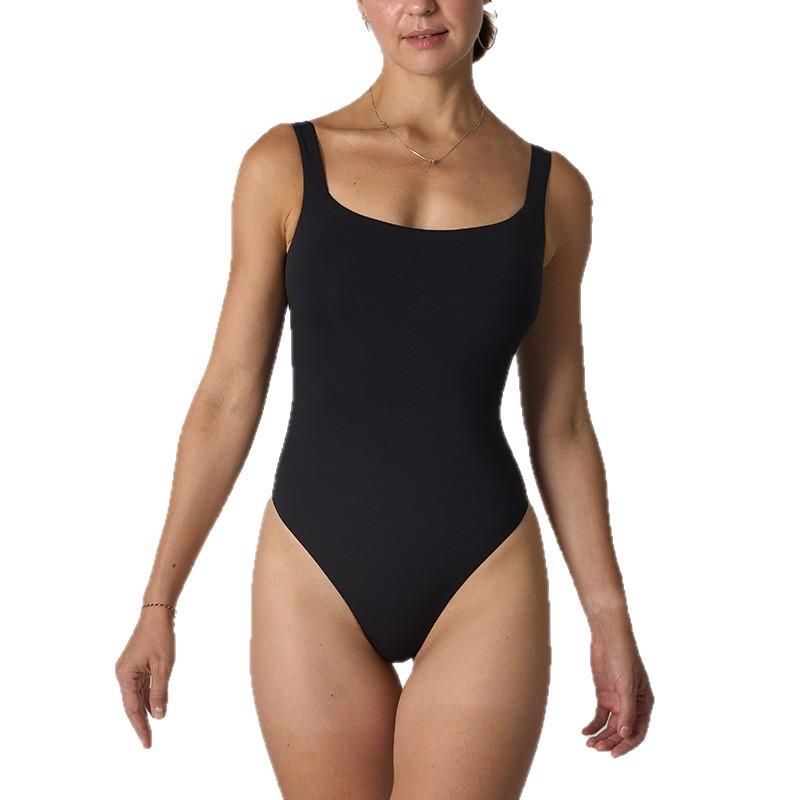 Lightweight, Form-fitting Tummy-control U-neck Bodysuit with Sheer Effect Backless One-piece