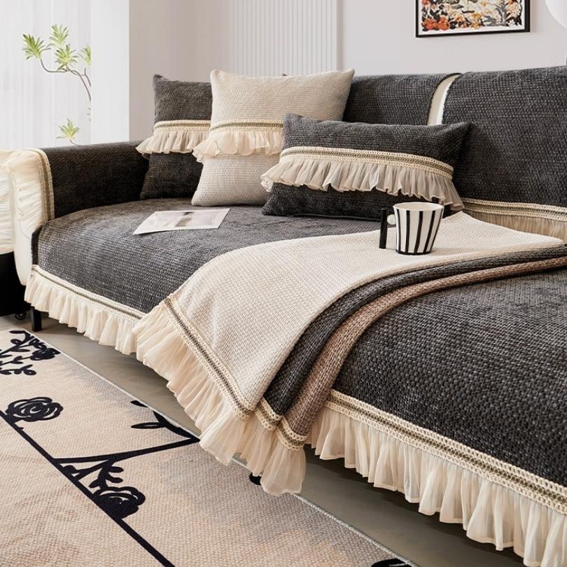 1pc Solid Texture Jacquard Chenille Sofa Cover with Ruffle Hem, for Modern Living Room Anti-Slip Couch Seat Cover Furniture