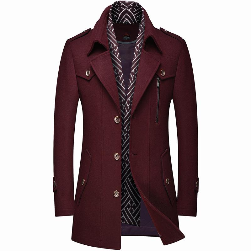 Men's Wool Trench Coat with Scarf Collar, Mid-Length