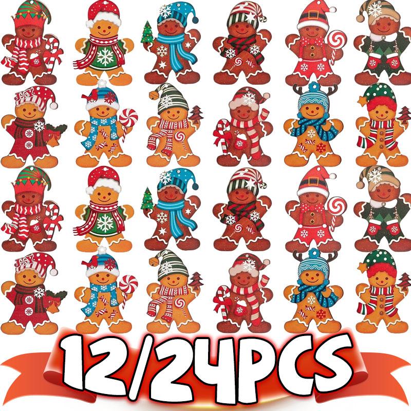 12/24 Stück Lebkuchenmann-Anhänger Weihnachtsbaum Holz Hängende Dekorationen Anhänger Niedliche Cartoon-Weihnachts-DIY-Hänger Heimdekoration