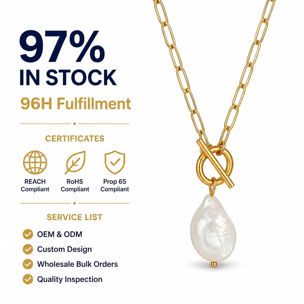 Ready to Ship Elegant Natural Baroque Pearl Gold Plated Paper Clip Chain Pendant Necklace Non Tarnish Summer Jewelry