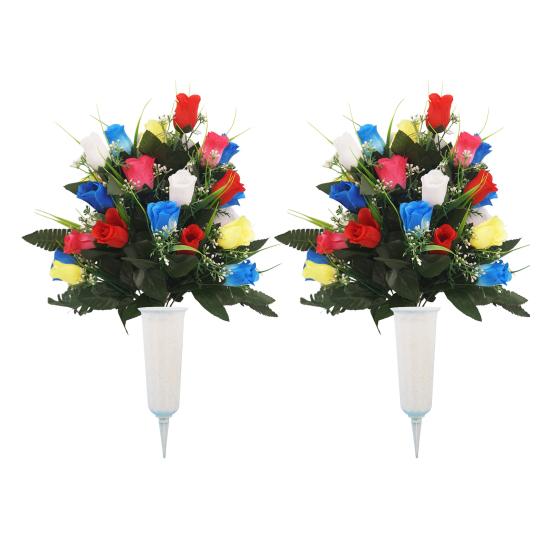 2 Stück künstliche Friedhofsblumen für den Außenbereich Grabstein Kunstrose mit Vase Friedhof Gedenkstrauß für Friedhofsgrabsteine Dekoration