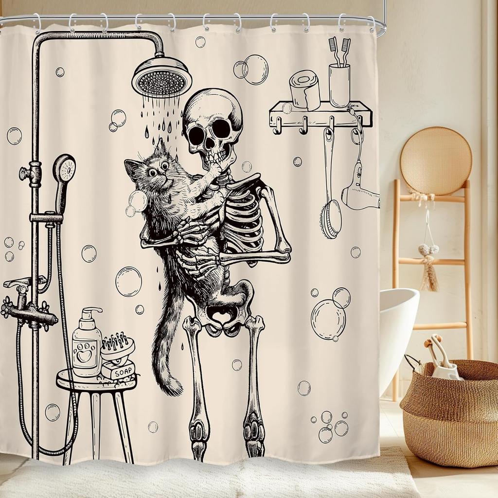 Dark Samurai Skeleton Waterproof Shower Curtain - Intricate Red Moon & Mountain Design for a Bold and Mysterious Bathroom Decor
