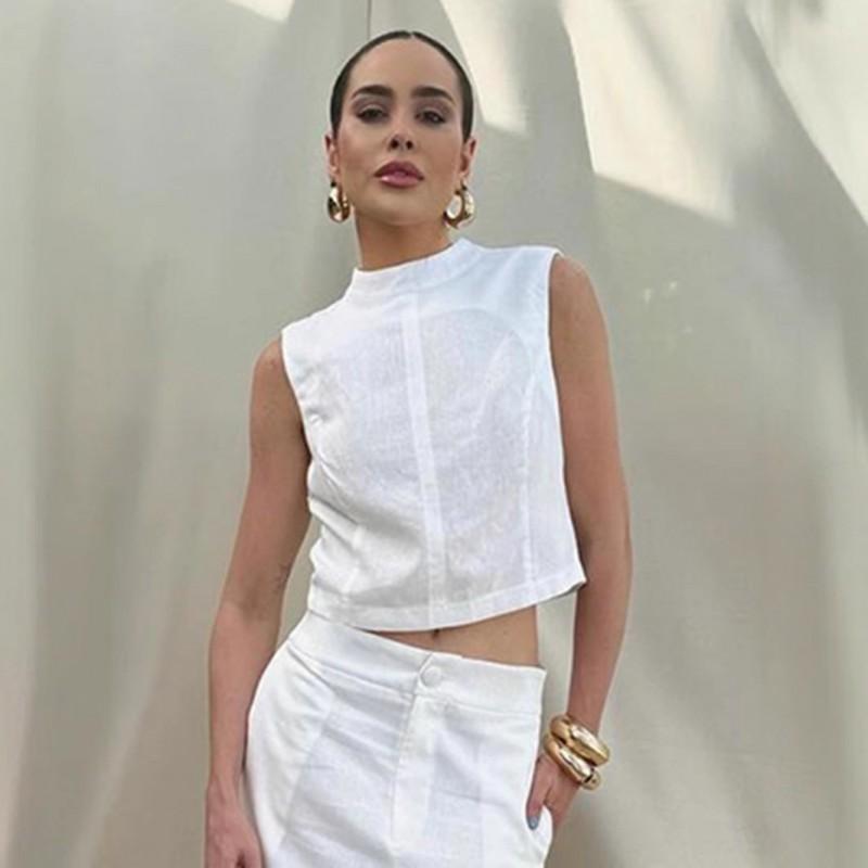 Womens 2025 Casual 2-Piece White Linen Cotton Maxi Dress Set Sleeveless Solid Color