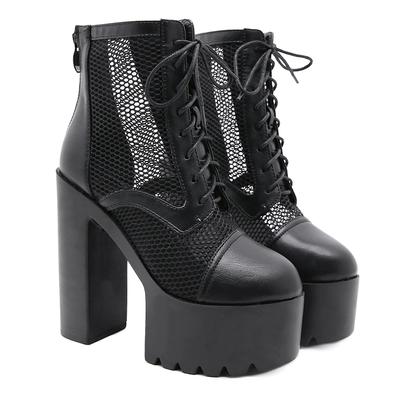 Mode Frühling Sommer High Heels Plateau Pumps Air Mesh Atmungsaktiv Damen Partyschuhe Schnürung Geschlossene Zehe Schwarz Weiß