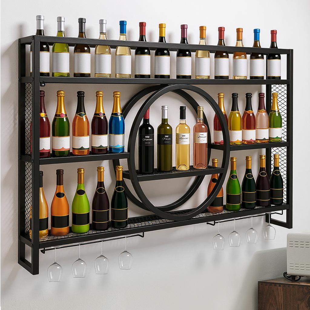 Bar Liquor Bottle Display Shelf with LED Light Wine Glass Holder Wall-Mounted Floating Wall Wine Bracket For Home Kitchen