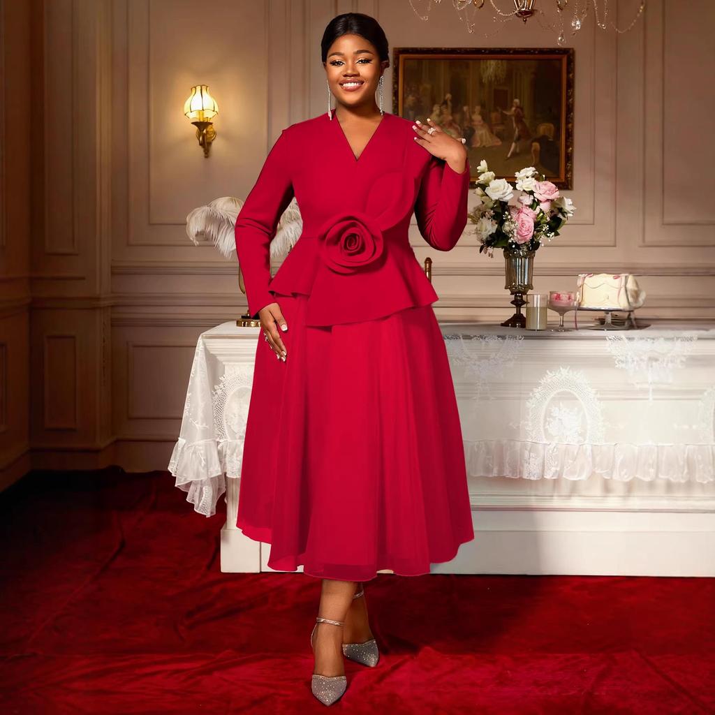 Plus Size Women's Elegant V-Neck 3D Floral Long Sleeve Ruffled Party Dress