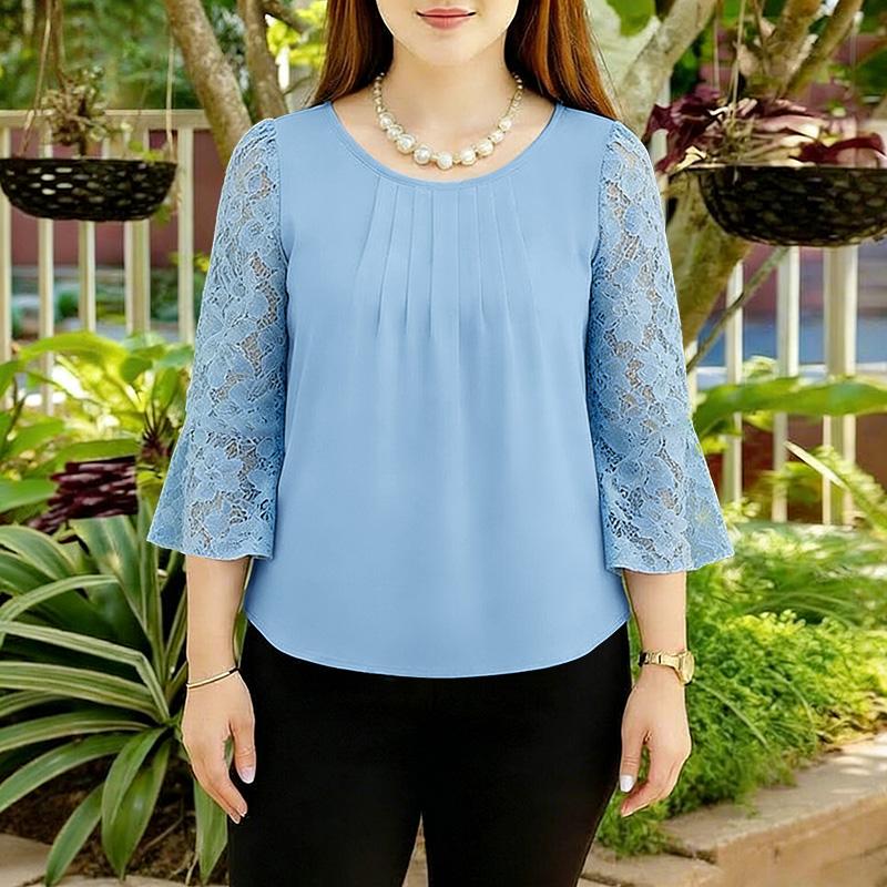 ZANZEA Women Casual Round Neck Loose Lace Splice 3/4 Sleeve Blouse