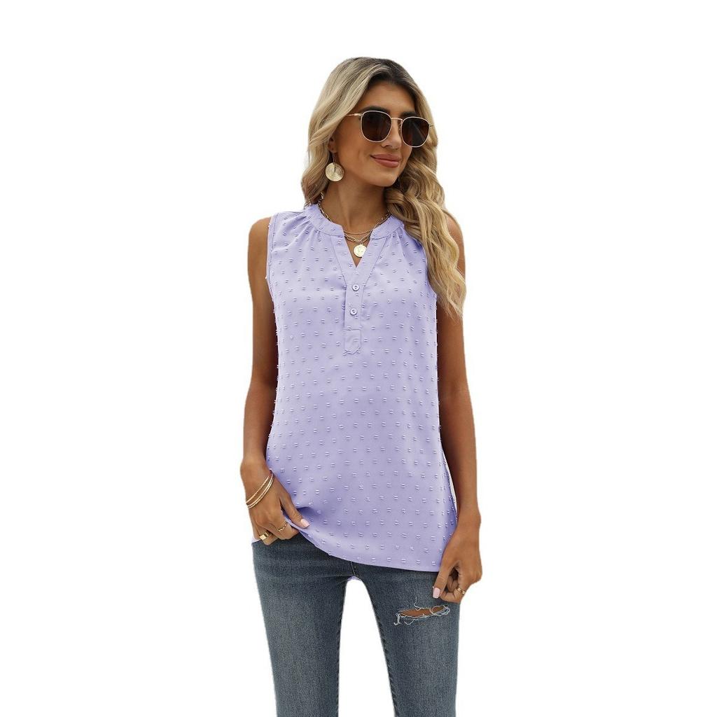 Summer Women's Solid Color Chiffon Loose V-Neck Jacquard Sleeveless Casual Vest Top for Crossborder European American