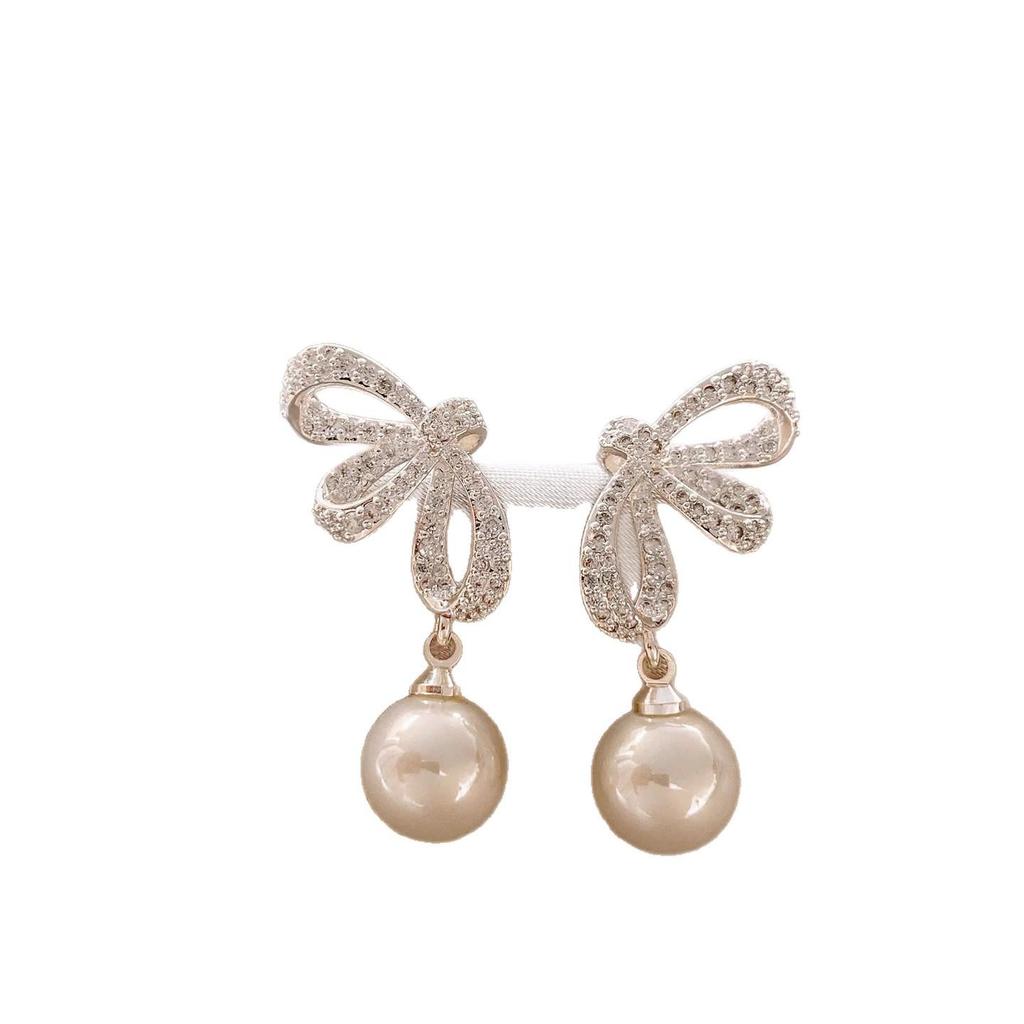 Silver Zirconia Bow Pearl Earrings for Women - Elegant French-Inspired Studs