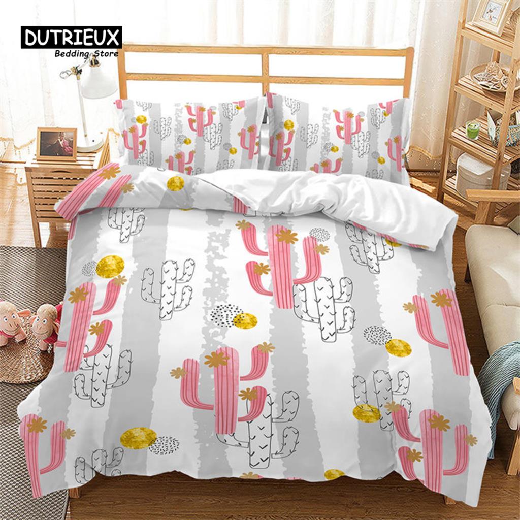 Cartoon Cactus Duvet Cover Spring Garden With Boho Style Bouquet of Thorny Plants Blossoms Decor 3 Piece Bedding Set Pillowcases