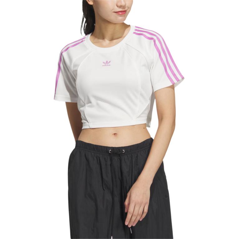 adidas Originals Baby Tee Soft Striped Comfortable Short Sports Crew Neck Raglan Short Sleeve T-Shirt Women Tops White JD3286