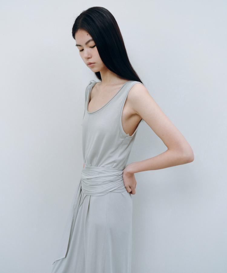 Kasel 2Way Tie Sleeveless Dress, Beige Gray