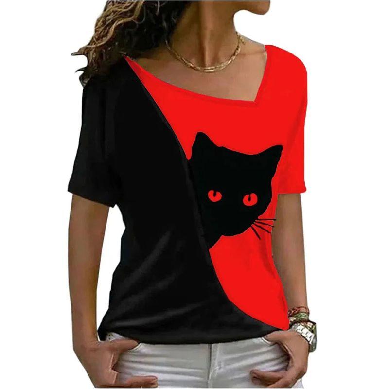 Diagonal Collar Black Cat Printed T-shirt Diagonal Collar Black Cat Print T-shirt