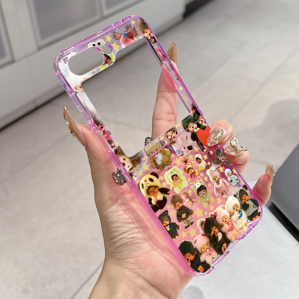 

New Cartoon cute doll Monchhichis Metal Connector Phone Case for Samsung Galaxy Z Flip3 Flip4 Flip5 Flip6 Flip7 Candy Color Samsung Z Flip4 5G
