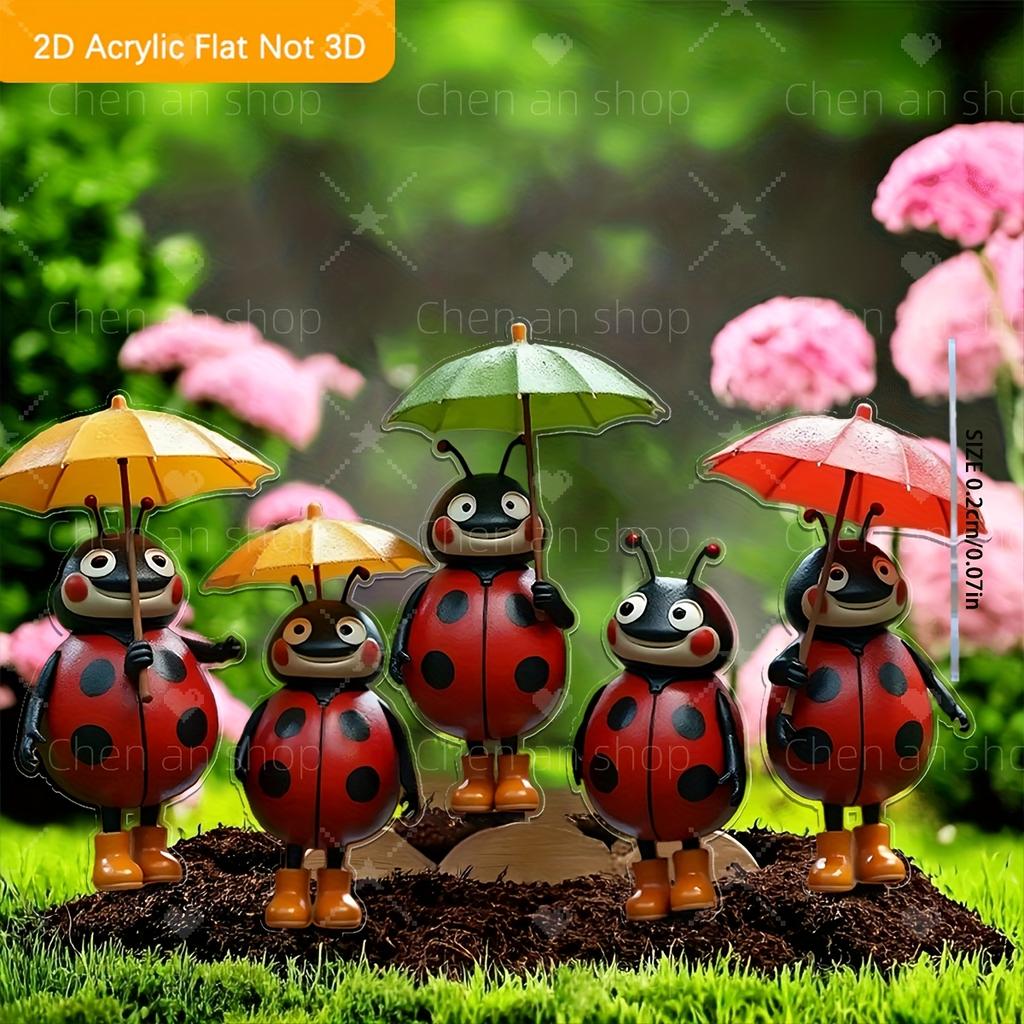 2D Flat, 5pcs Cute Insect Umbrella Acrylic Garden Decor Outdoor Ornaments Suitable for Gardens, Lawns, Potted Courtyards and More Decoration Stakes