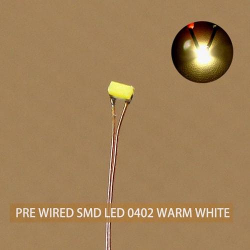 Miniature 0.1mm Copper Wire Pre-Wired SMD 0402 Chip LEDs, Warm White, 20-Pack, for Model Trains, Railways, Buildings, and Dioramas