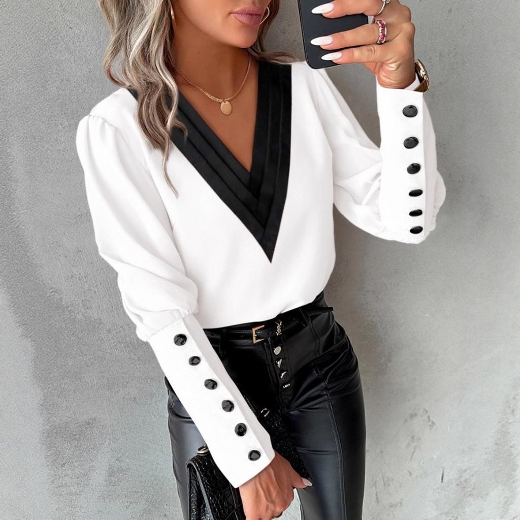 Autumn Fashion Women's Solid Color V-neck Long Sleeve Button Down Blouse Shirt