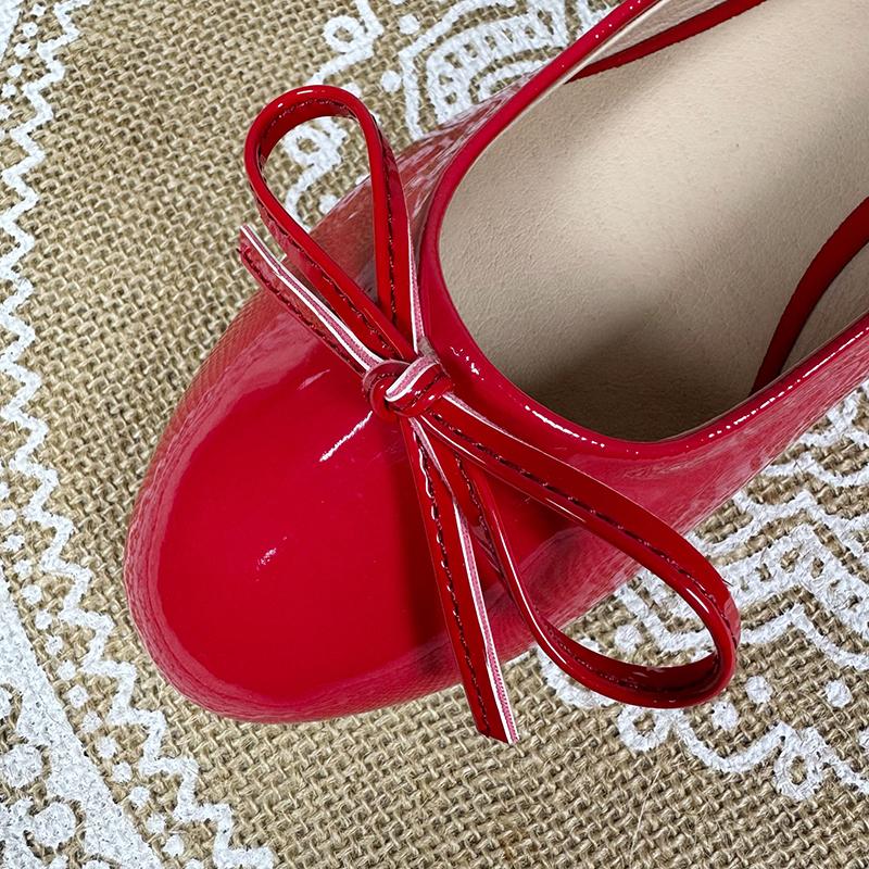 Fashion Flat Shoes Women's 2025 Spring and Autumn New Round Toe Ballet Shoes Bow Knot Shallow Retro Patent Leather Red Plus Size 43 44