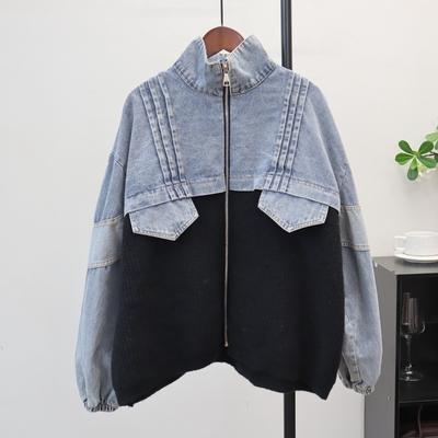 Höst och vinter ny lös avslappnad design tröjjacka dam dragkedja skarvning denim stickad kofta