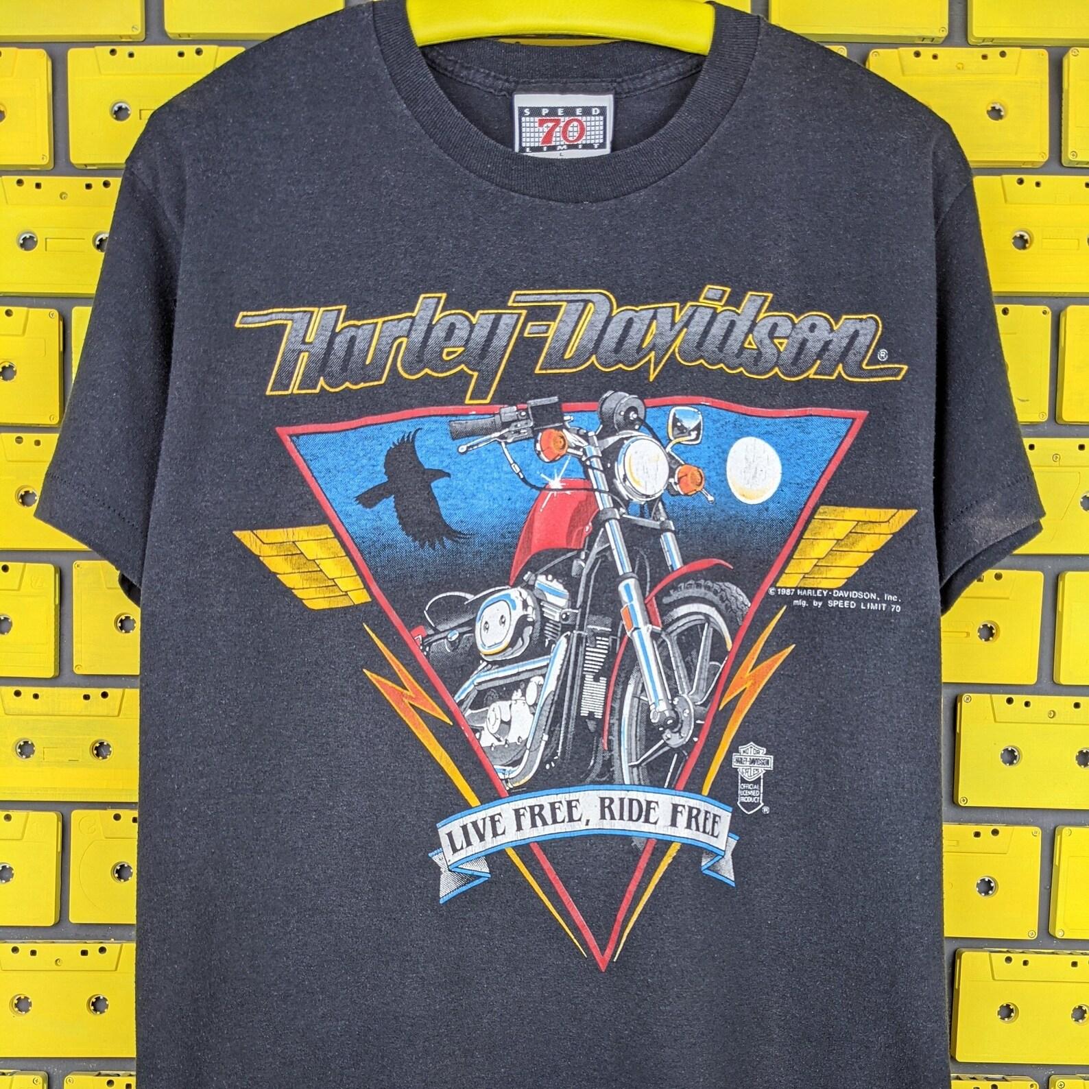 Vintage 1987 Harley Davidson T shirt  Live Free, Ride Free   Speed Limit 70 Biker Motorcyclist Merch Tee Size M/L 4XL