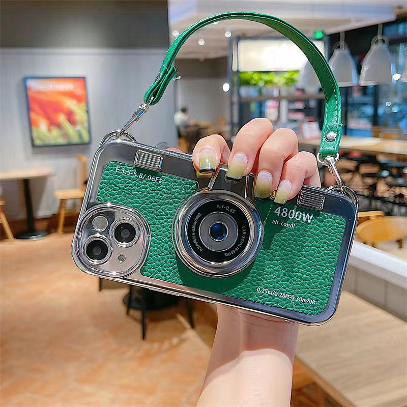 Luxury Lanyard Camera Charm Phone Case For iPhone 15 14 13 Pro Max Shockproof Cover For iPhone 15 Plus leather Case Accessories