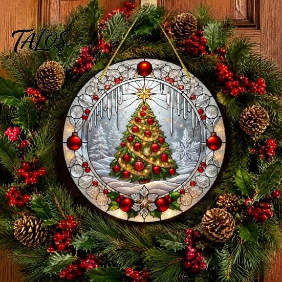 Clear Acrylic Holiday Wall Art Stained Glass Style Window Hanging, Christmas Tree Snow Scene Transparent Hanging Ornaments Suncatcher, Door Home Decor