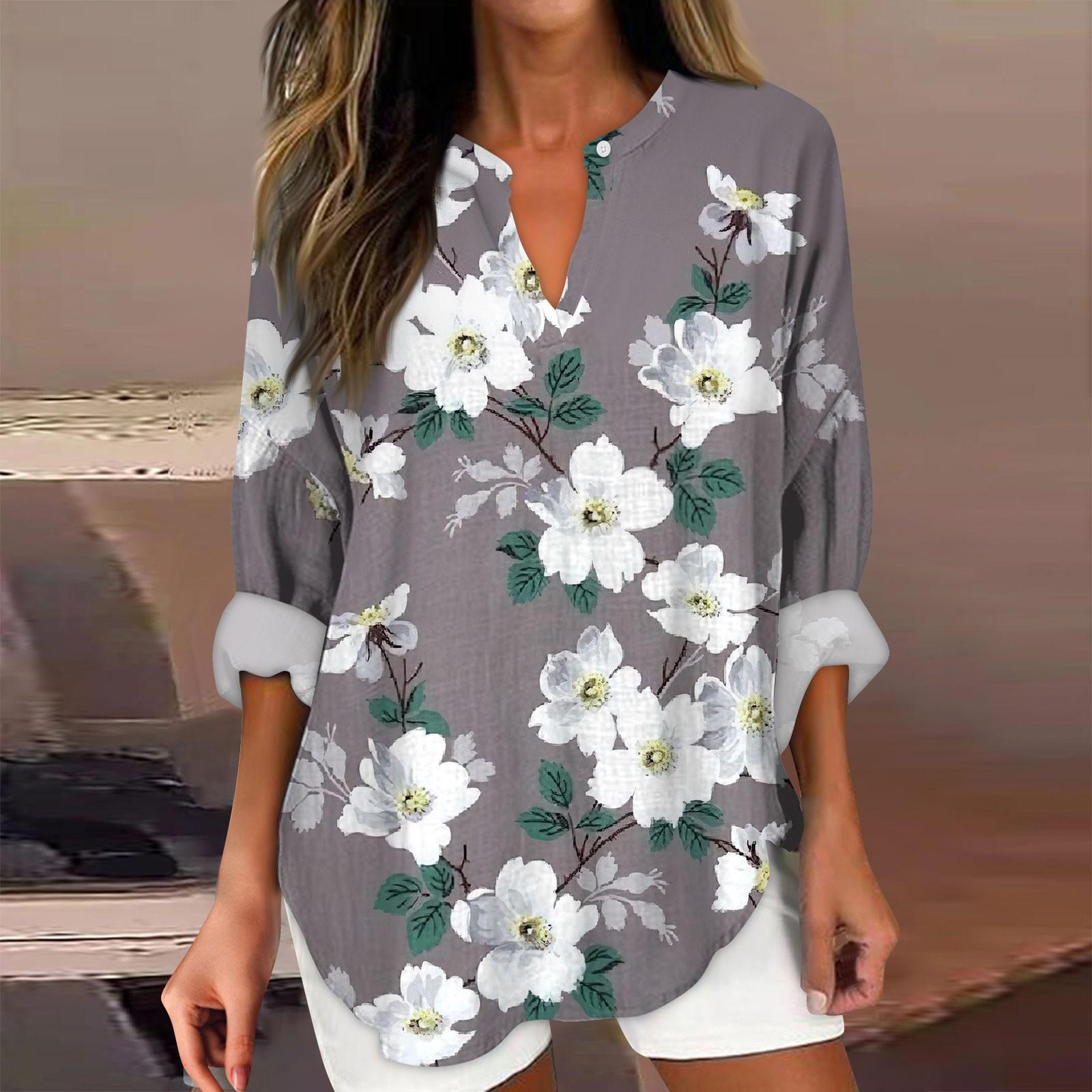 

Женские модные повседневные топы с v-образным вырезом и длинным рукавом с цветочным принтом S белый