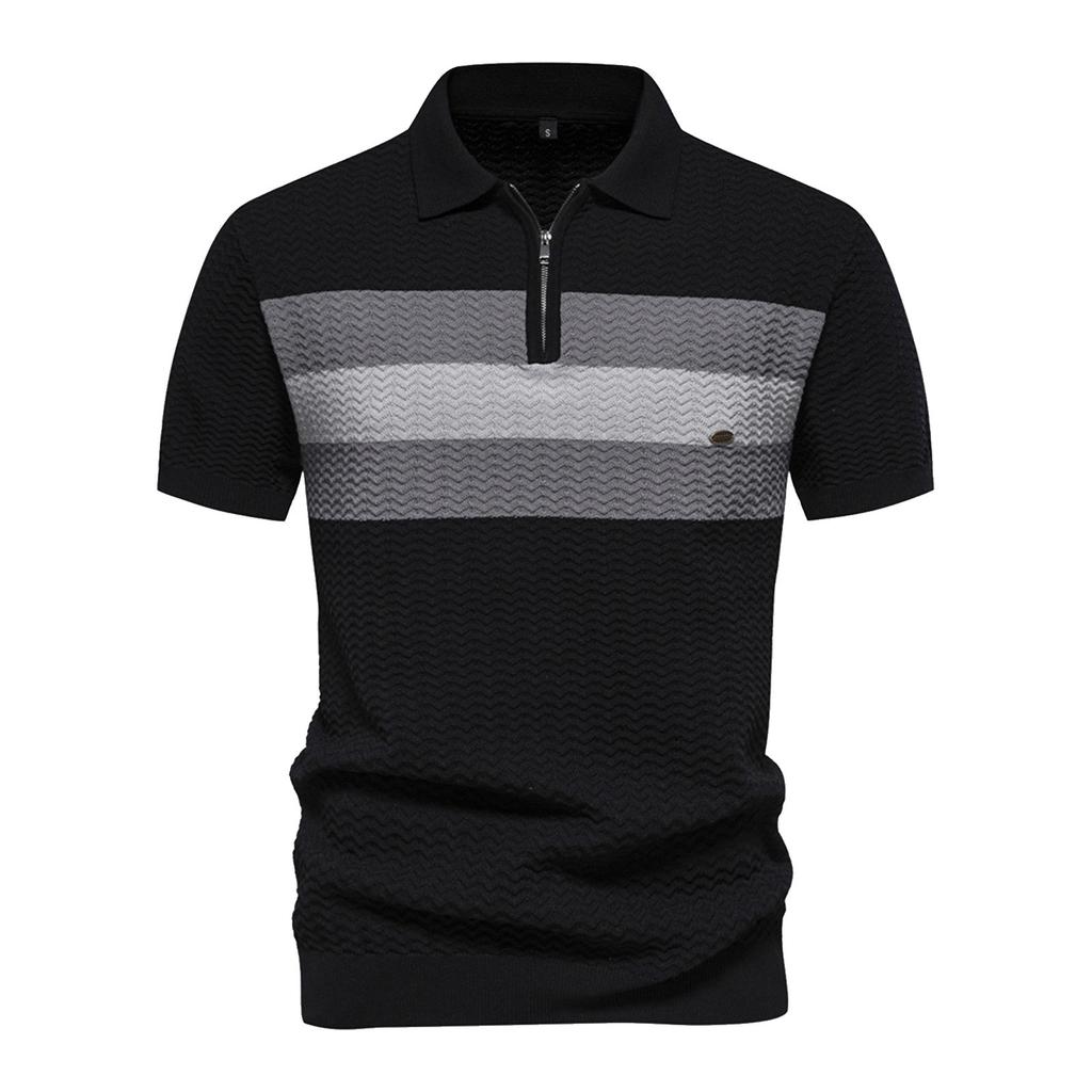 Men's Knitted Shirt Striped Woolen Lapel Short Sleeved Top Casual T-shirt