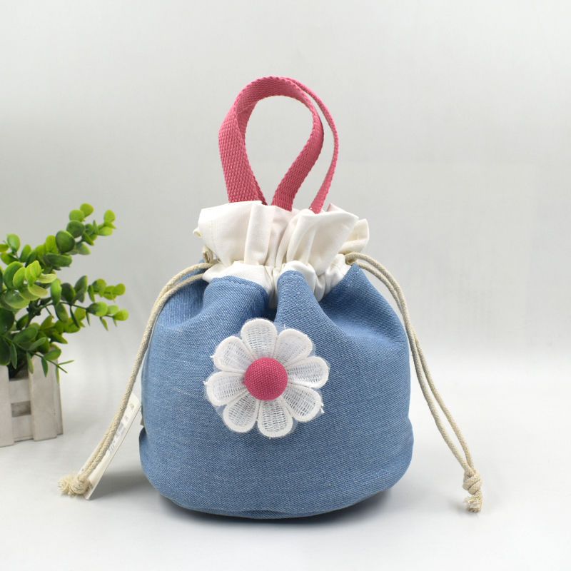 Canvas Bucket Bag, Women's Japanese Style Portable Bento Bag, Retro Artistic Small Bag, Drawstring Bag, Hand-held Lunch Box Bag