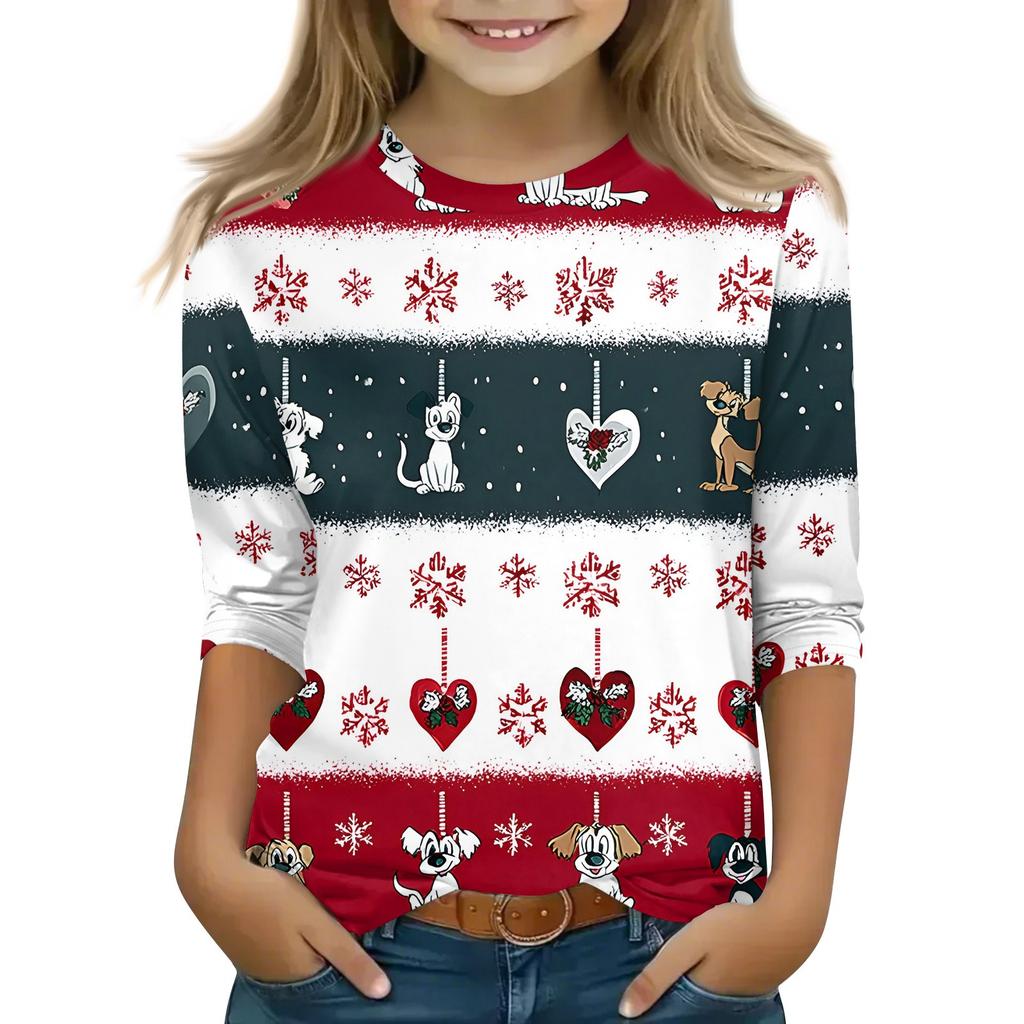 Christmas Children's 3/4 Sleeve Tops Casual  Printed Daily T Shirt Round Neck Pullover Blouse
