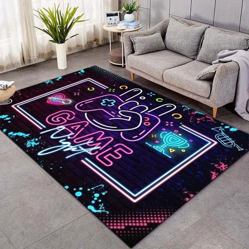 Neon Game Night Area Rug – Vibrant 3D Printed Design with "GAME ON" & Controller Icons, Soft Non-Slip Polyester Carpet for Livin