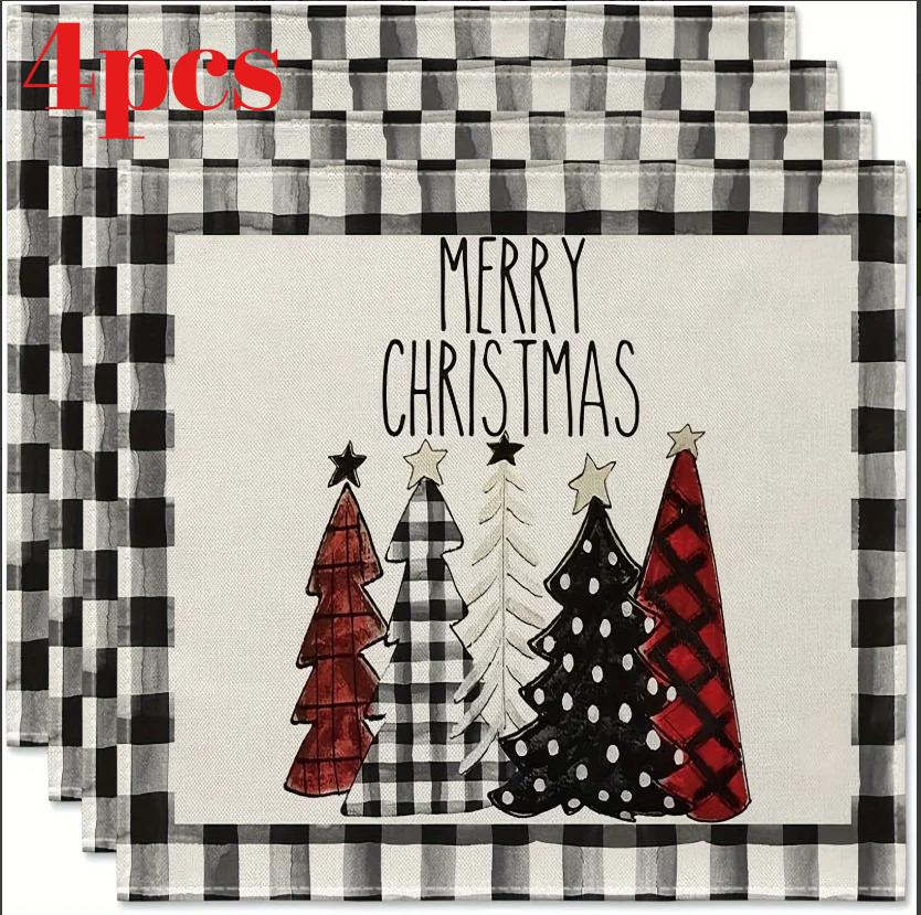 4PCS Christmas Table Placemats 30*45cm Christmas Trees Snowmen Print Dining Table Mats Xmas Party Table Pads Decoration