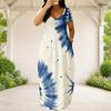 Women Plus Size Round Neck Short Sleeve Blue White Printed Loose Maxi Dress With Side Pockets