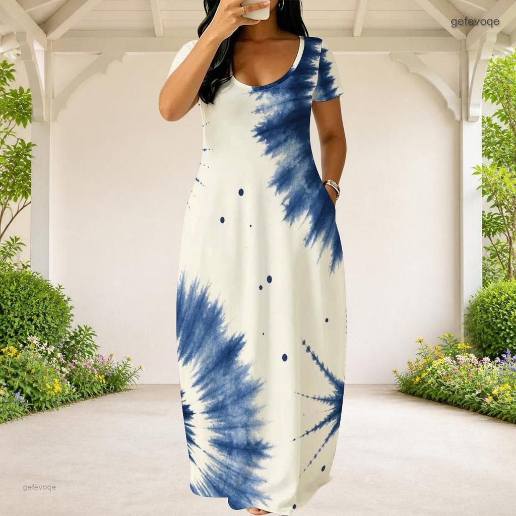 Women Plus Size Round Neck Short Sleeve Blue White Printed Loose Maxi Dress With Side Pockets