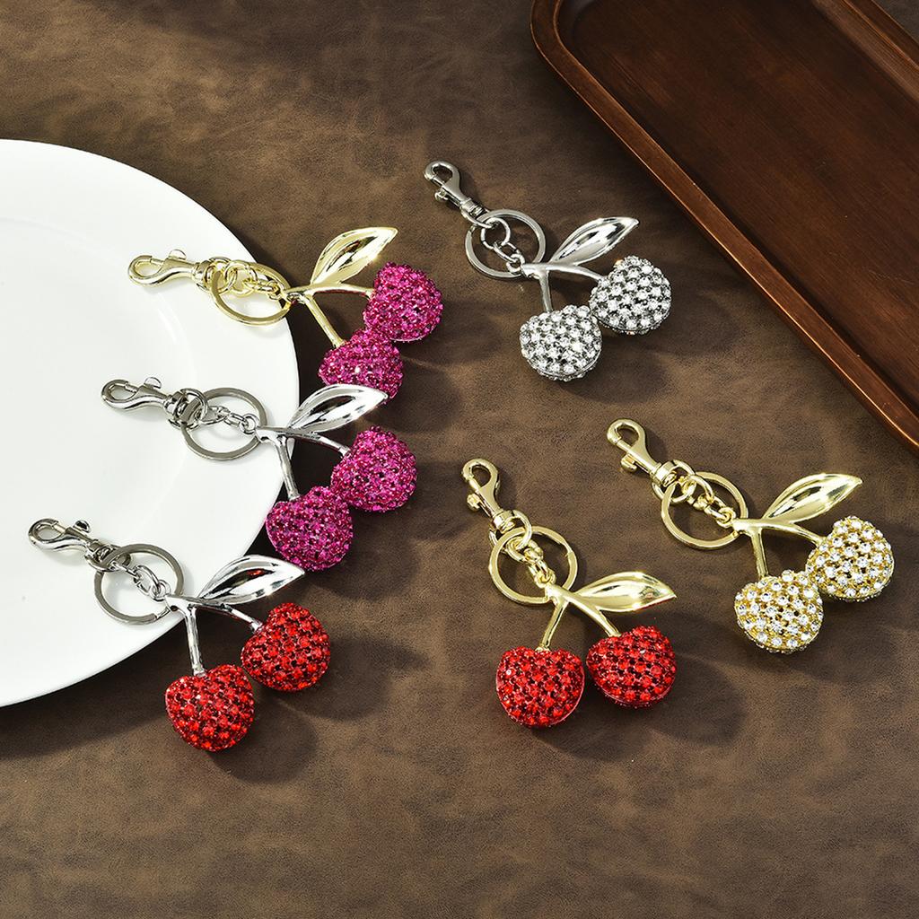 Sparkling 3D Cherry Keychain Charm Bag Accessory Fashionable Rhinestones Fruit Shaped Key Ring Ornament for Women