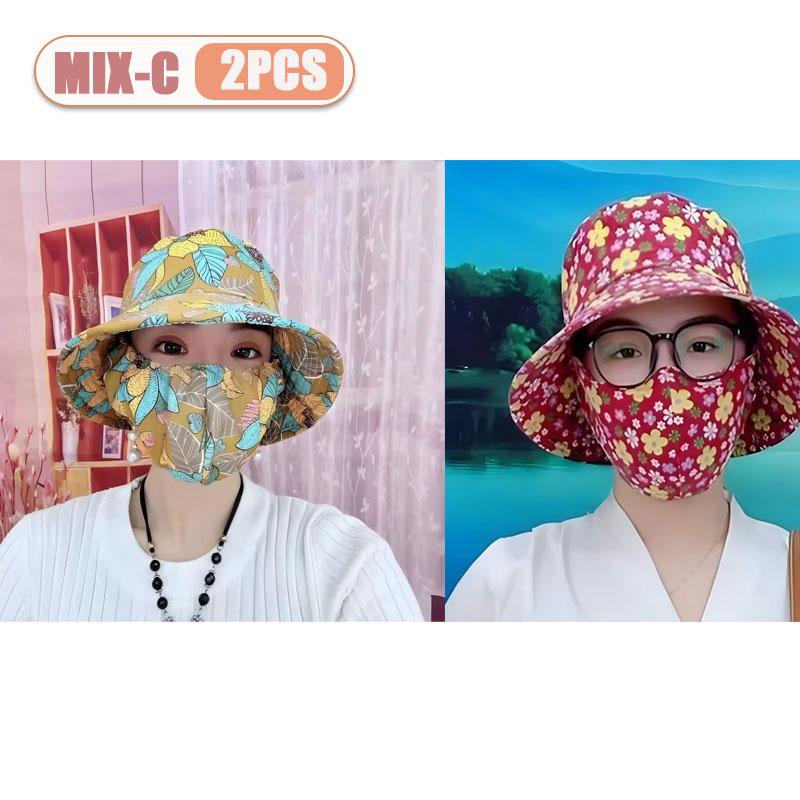 1-2PCS Women‘s Sun Hat with Face Mask Floral Leaf Pattern Wide Brim UV Protection for Outdoor Hiking Gardening Beach