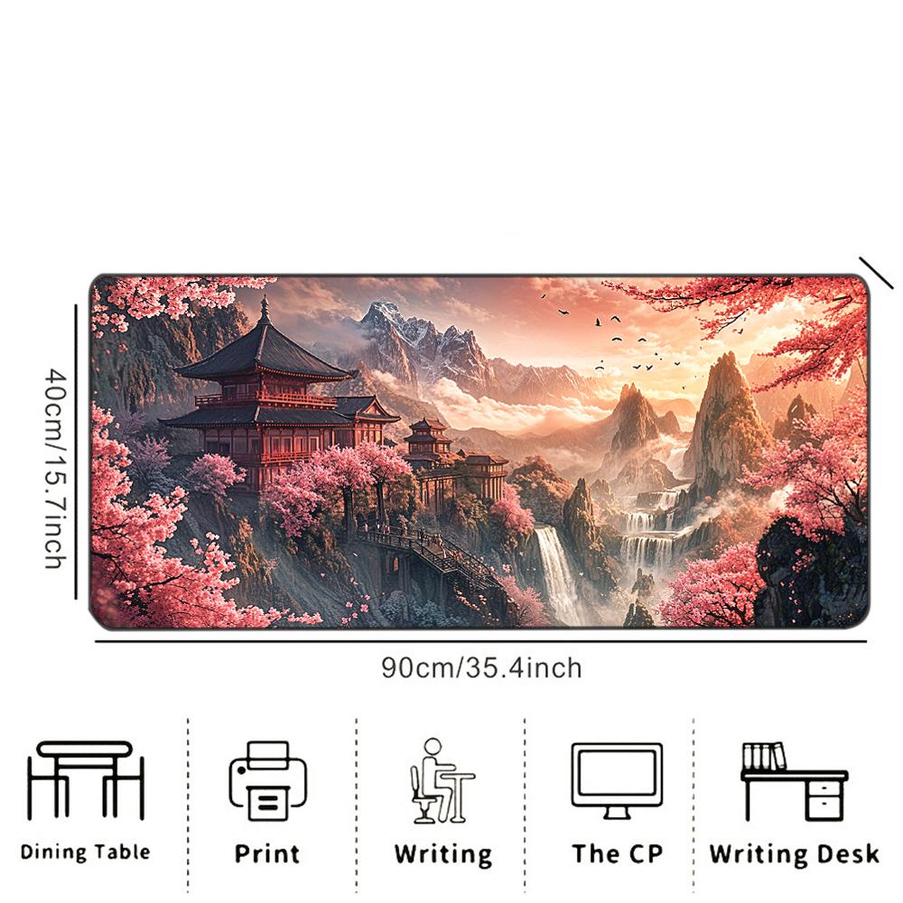 Sakura Mountain Pagoda Printed Desk Pad Extra Large Soft Rubber Mouse Pad Serene Aesthetic Gaming Keyboard Mat Multi-Size