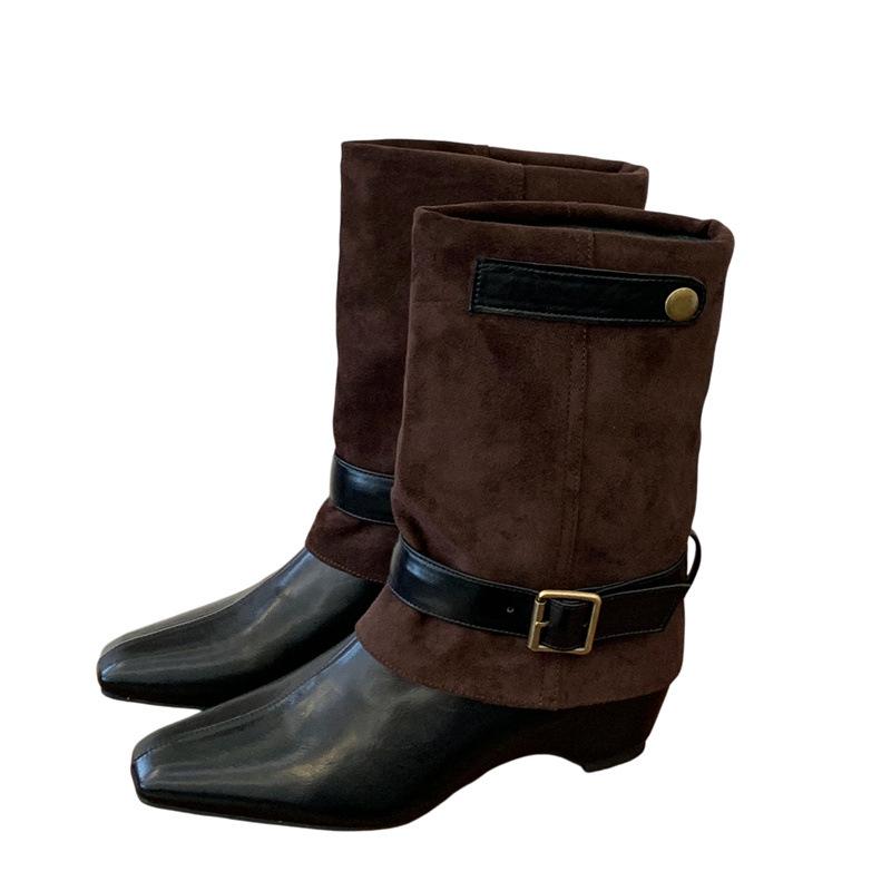Miting inner heightening medium boots autumn and winter new color matching belt buckle sleeve western cowboy boots women's trouser boots