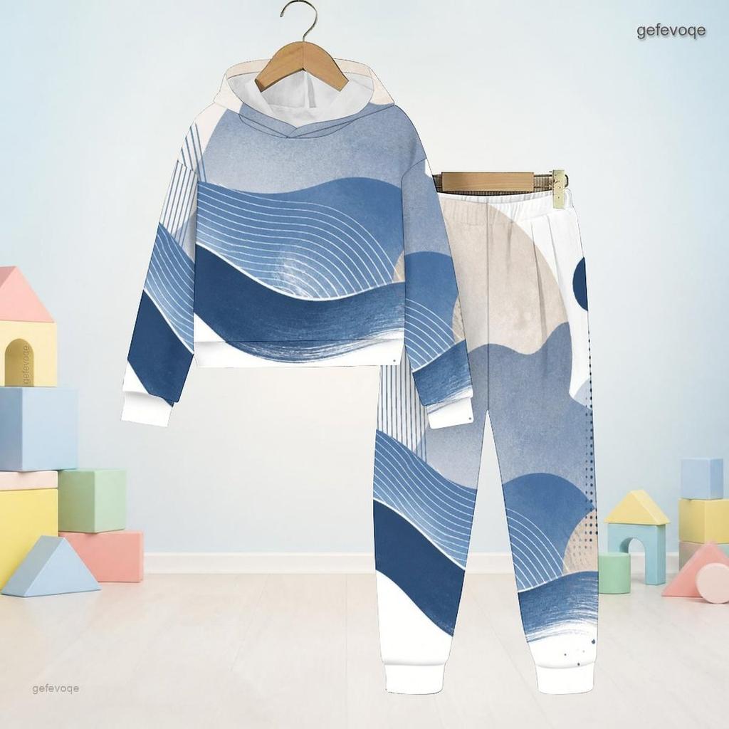 Boys Girls Blue White Printed Hooded Long Sleeve Sweatshirt Cuffed Pants Two Piece Set
