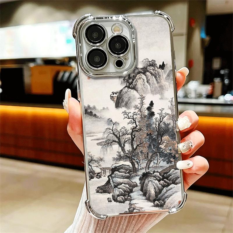 Chinese Style Ink Painting Art Soft Phone Case For iPhone 15 16 17 Air 14 Pro Max 16E Plus 13 12 Mini Plating Anti-Fall Fundas